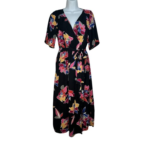 Trixxi Floral Faux Wrap Midi Dress Black Multicolor Tropical Open Back Med - Picture 4 of 14